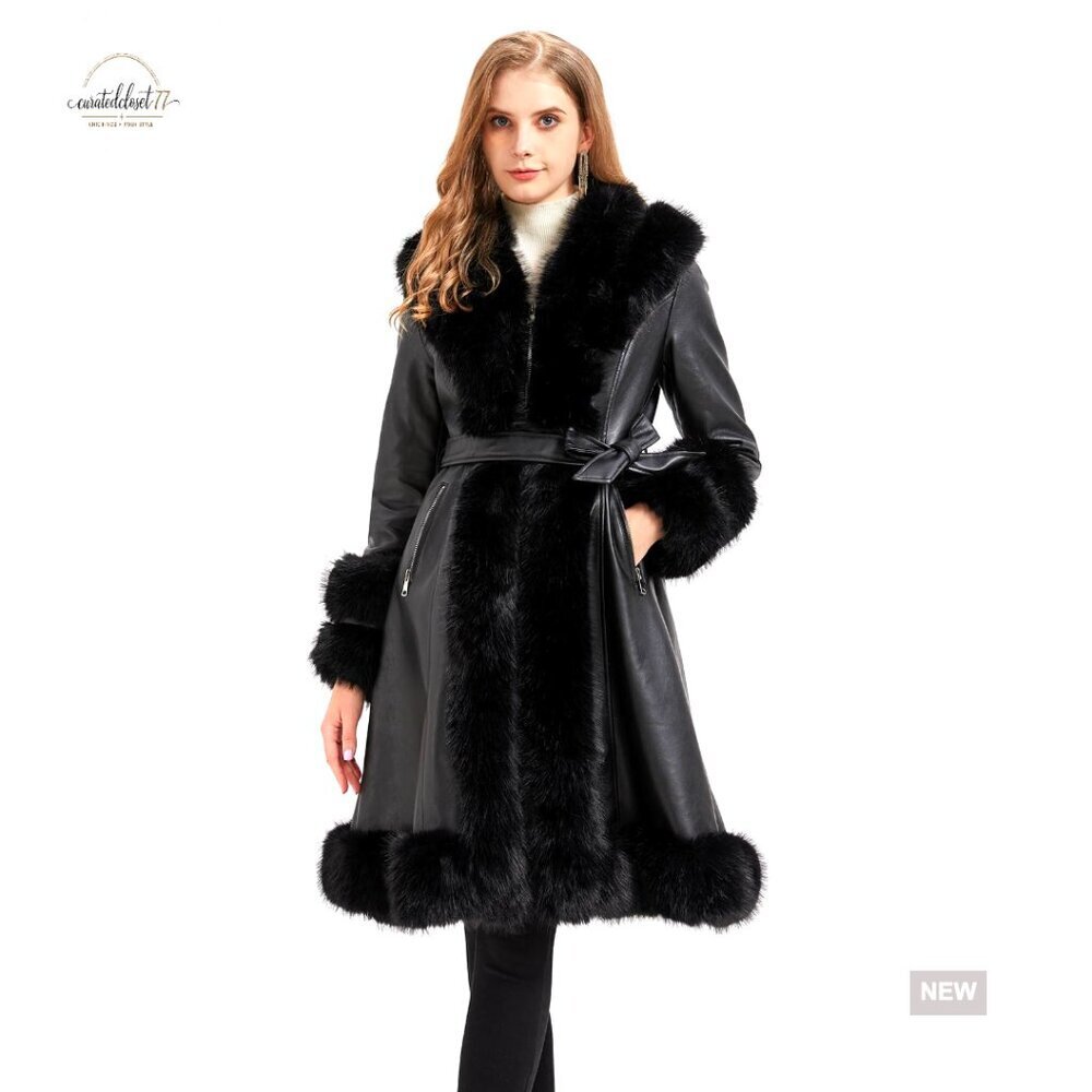 Faux Leather Peplum Trench Coat with Faux Fur Collar and Belt